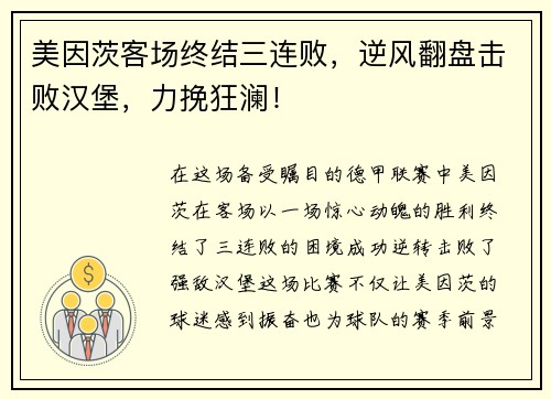 美因茨客场终结三连败，逆风翻盘击败汉堡，力挽狂澜！