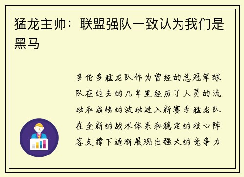 猛龙主帅：联盟强队一致认为我们是黑马