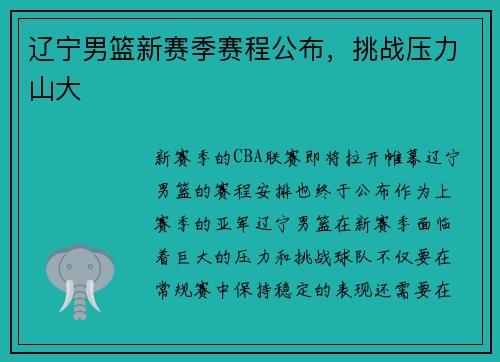 辽宁男篮新赛季赛程公布，挑战压力山大